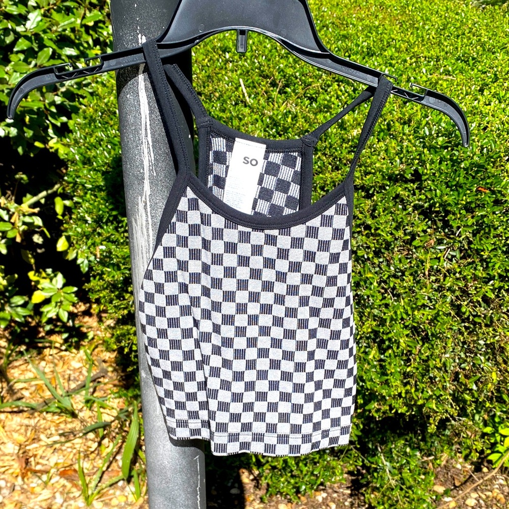 SO Black and White Checkerboard Cropped Tank Top